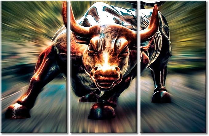 TUMOVO Living Room Wall Decor 3 Panel Colored Copper Bull Picture Print on Canvas Symbol Strength and Courage Artwork Canvas Prints Picture Home Decoration Framed Ready to Hang - 42" Wx28 H