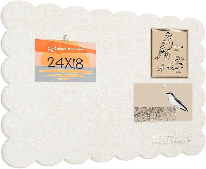 Scalloped Bulletin Board, 24 x 18 Inches Felt Pin Board - Decorative Cork Alternative for Wall, Foldable Picture Self-Adhesive Vision Prayer Board with 20 Pushpins - Oatmeal