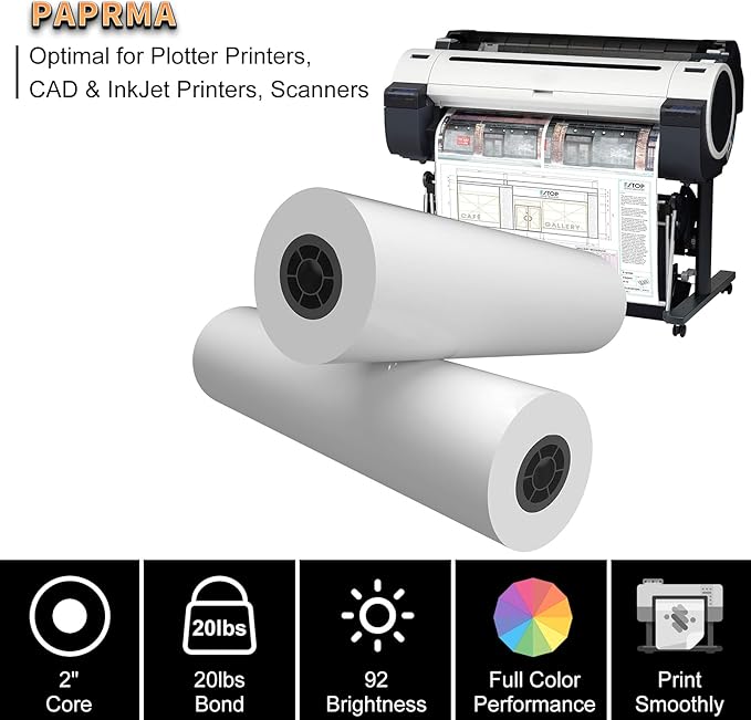 24" x 150ft Wide Format Paper 2" Core, White Plotter Paper CAD Bond 2 Rolls