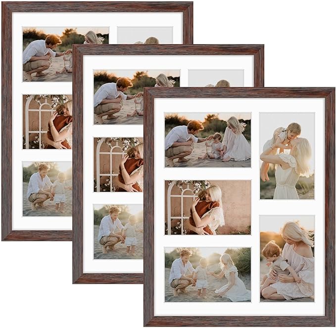 Golden State Art, 11x14 Distressed Brown Wooden Frame with White Mat - Displays Five 4x6 Photos - Tempered Glass - Wall Mounting, Portrait, Set of 3