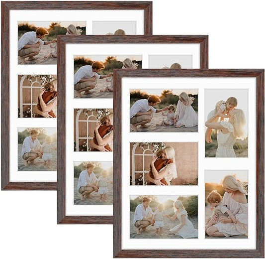 Golden State Art, 11x14 Distressed Brown Wooden Frame with White Mat - Displays Five 4x6 Photos - Tempered Glass - Wall Mounting, Portrait, Set of 3