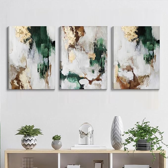 3Pcs Framed Green and Gold Canvas Wall Art Abstract Posters Print Brown and Gray Line Pictures Decor for Living Room Bedroom Bathroom Home Decoration