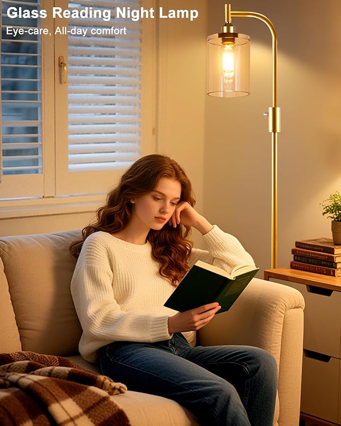Lightdot 63IN Glass Floor Lamp for Living Room, Dimmable Gold Floor Lamps with Clear Glass Shade, Mid Century Modern Standing Lamps with Bulb Included for Bedroom/Sofa Beside/Corner Decor-Gold