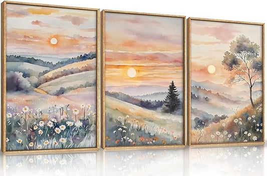 Ausril Watercolor Boho Sunset Framed Canvas Wall Art Set, Colorful Flower Wall Decor, Nature Daisy Wall Painting, Pink Wildflower Scenery Art Print for Living Room, Bedroom, Office, Hallway 24"X36"X3