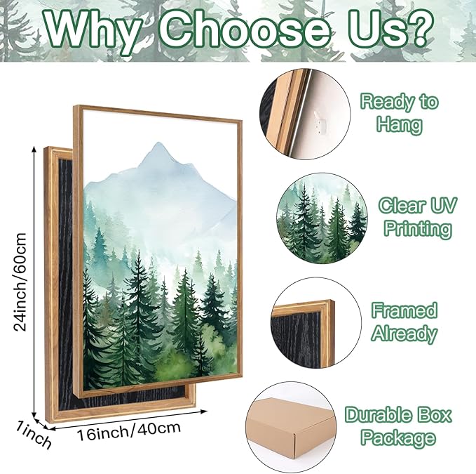 CHDITB Mountain Landscape Framed Canvas Wall Art(16"x24"), 3 Panels Boho Nature Forest Artwork Prints, Large Abstract Modern Green Pine Trees Art Decor for Bedroom Living Room Office