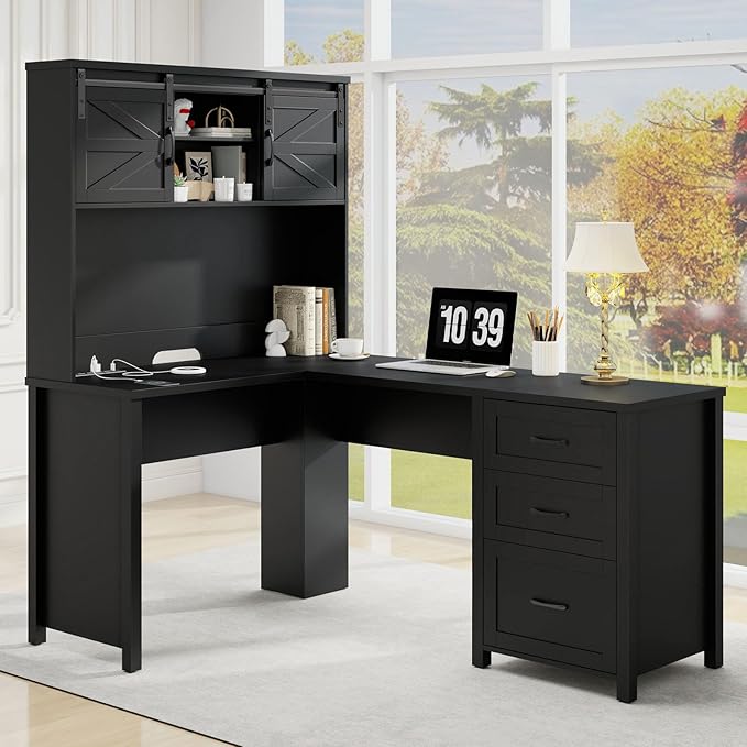 Vabches Farmhouse 68" H L Shaped Desk with Hutch,Office Table with 3 Drawers and Sliding Doors, Wood Executive Desk with File Drawers and Charging Station, Workstation for Study and Home Office