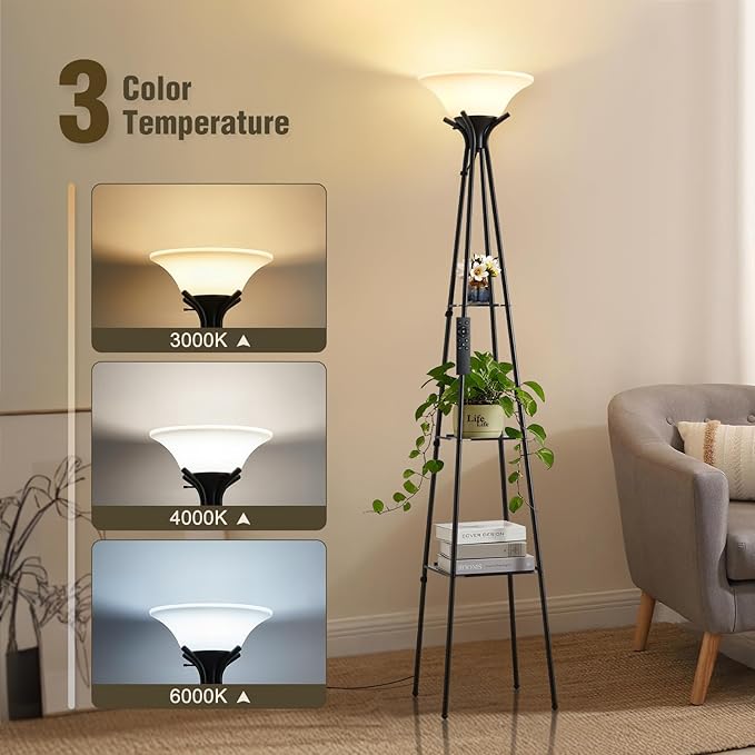 Luvkczc Upgraded Floor Lamp with 3-Tier Shelves & Remote, 69-inch Dimmable Standing Lamp with Adjustable Color Temperatures, Modern Torchiere Floor lamp for Living Room, Bedroom, Office