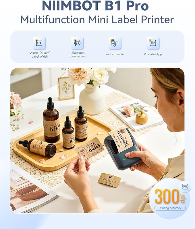 NIIMBOT B1 Pro Label Maker with 3 Roll Labels, 300 DPI HD Bluetooth Thermal Label Printer for Home Office Small Business Organization, for DIY Crafts, Scrapbook, Photos, Meomo