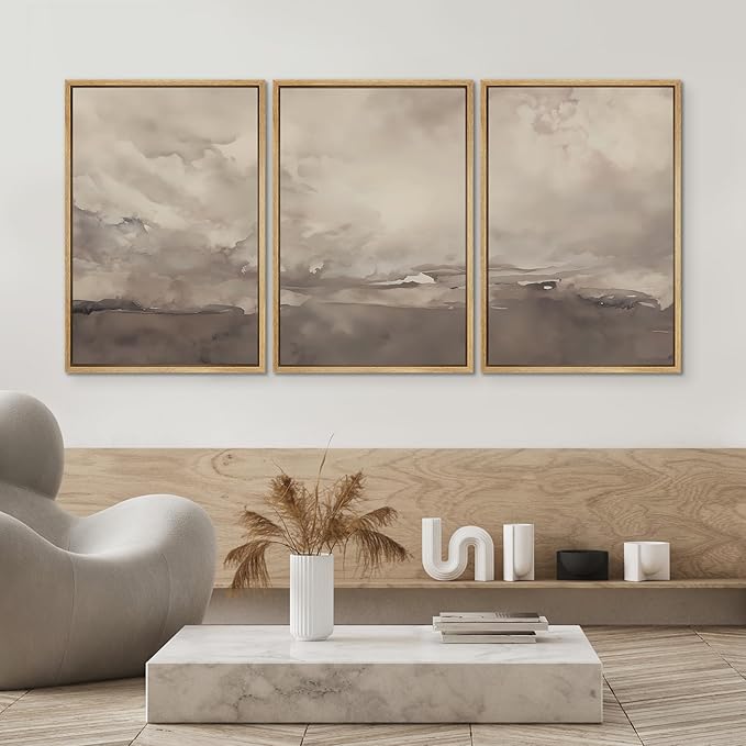 SIGNWIN Framed Canvas Print Wall Art Set Neutral Cloudy Sky Landscape Soft Beige and Taupe Illustrations Modern Art Decorative Relax/Zen Nordic for Living Room, Bedroom, Office - 24"x36"x3 Natural
