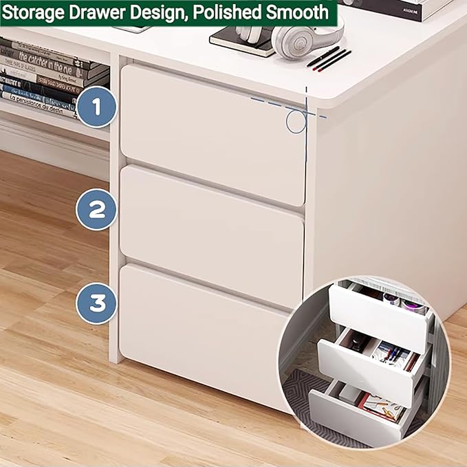 Computer Desk with Drawers & Storage Shelves,Modern Home Office Desk Study Desk Writing Desk for Bedroom,Wooden Corner Desk Small Pc Table with Metal Base(39.5" W x 19.5" D x 29" H, White)