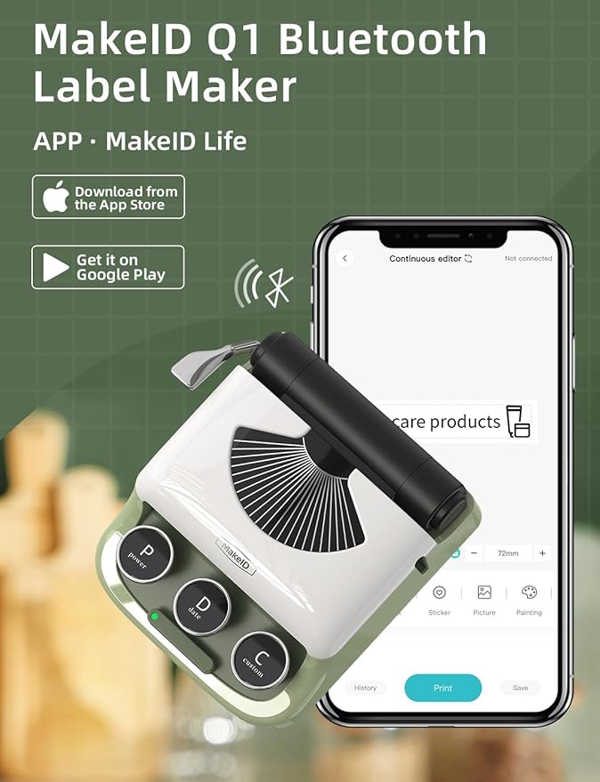 MakeID Q1 Label Maker Machine with 3 Tapes - Portable Bluetooth Label Makers for Home & Office Organization - Compatible with Apple iOS & Android - Clear Prints, Custom Templates & Fonts, Retro Design