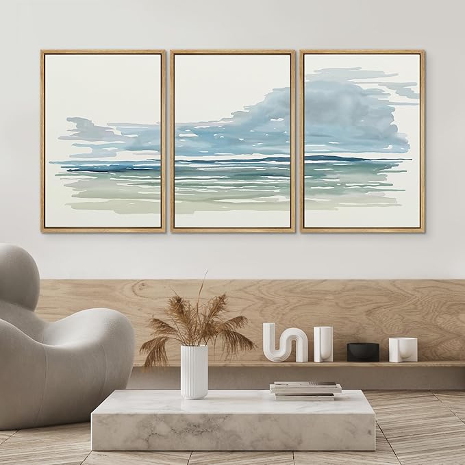 SIGNWIN Framed Canvas Print Wall Art Set Coastal Horizon Watercolor Blue and Green Abstract Ocean Illustrations Modern Art Decorative Abstract for Living Room, Bedroom, Office - 16"x24"x3 Natural