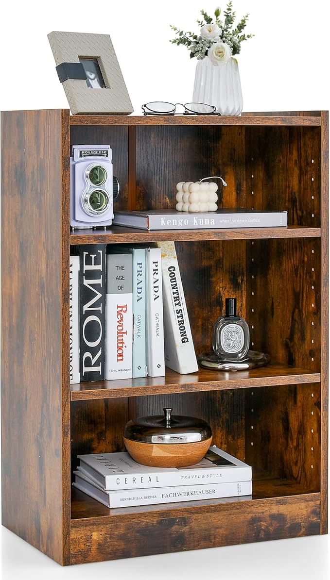 Tangkula 3 Tier Bookcase, Floor Standing Open Bookshelf with 18-Position Adjustable Shelves, Anti-toppling Device, Modern Multipurpose Display Storage Organizer for Living Room Study (1, Brown)