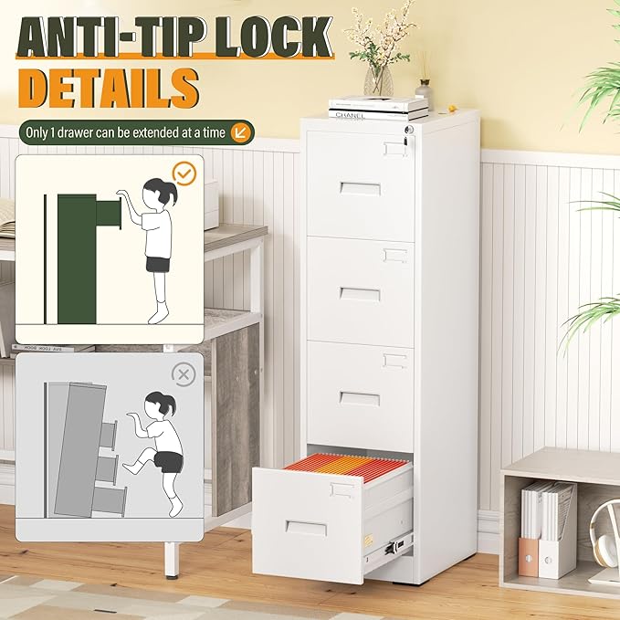 Greenvelly 4 Drawer File Cabinet with Lock, Metal Filing Cabinet for Home Office, Locking Vertical File Cabinet, 18" D File Cabinets for Home Office, Easy Assemble (White)