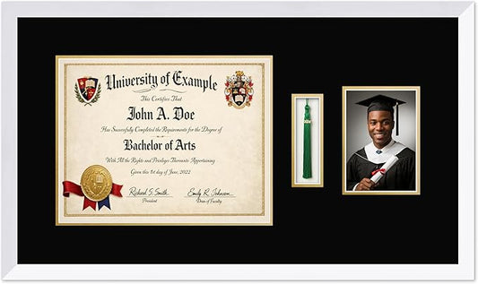 CountryArtHouse Diploma Tassel and Photo Shadowbox Fits 14 x 11 College Diploma (Modern) with Tassel Hook Bright White Genuine Hardwood with Black Over Metallic Gold Double mat