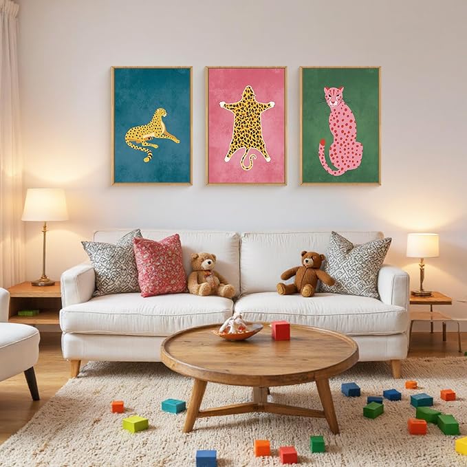 Ausril Cheetah Animals Framed Canvas Wall Art Set, Leopard Preppy Room Wall Decor, Modern Boho Cats Wall Painting, Pink Dot Cartoon Art Print for Living Room Bedroom Dinning Room Office 16"x24"x3