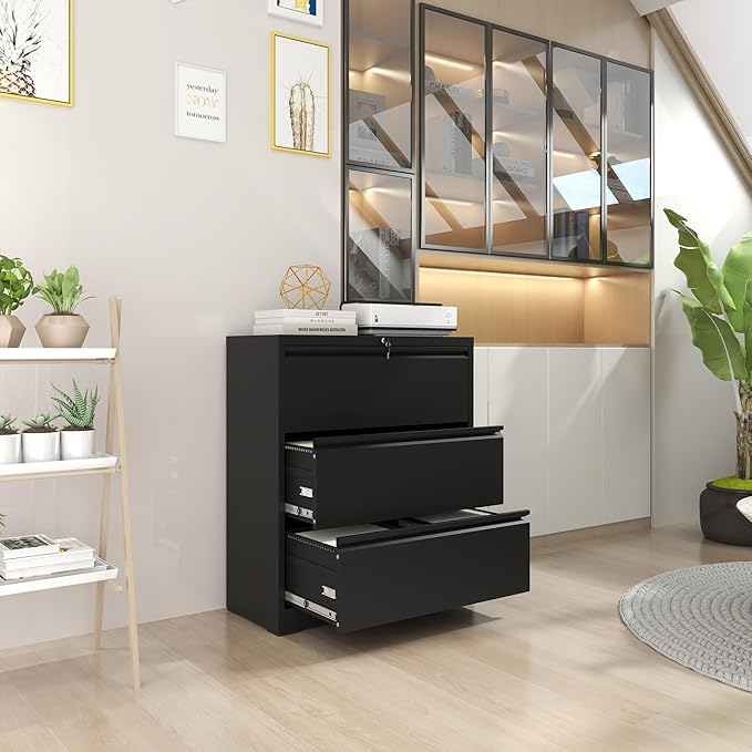 3 Drawer File Cabinet,Metal Lateral Filing Cabinet with Lock,Home Office Storage Organizer Cabinet for Legal/Letter/A4/F4 Size Files,35.5" W,Black
