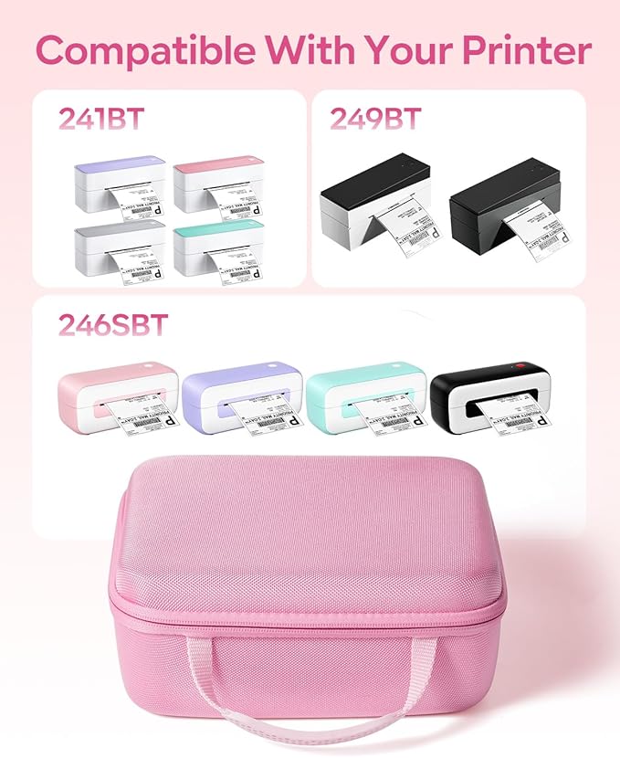 Phomemo Label Printer Hard Case- Compatible 241BT for Rollo for Nelko for Omezizy Bluetooth Shipping Label Printer,Storage Case for Label Holder and Thermal Paper, Pink (Case Only)