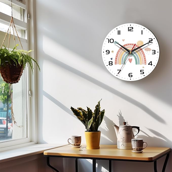 Wall Clock, 10 Inch Silent Non-Ticking Home Kitchen Decor, Battery Operated for Bathroom Bedroom Living Room Office(Boho Rainbow)
