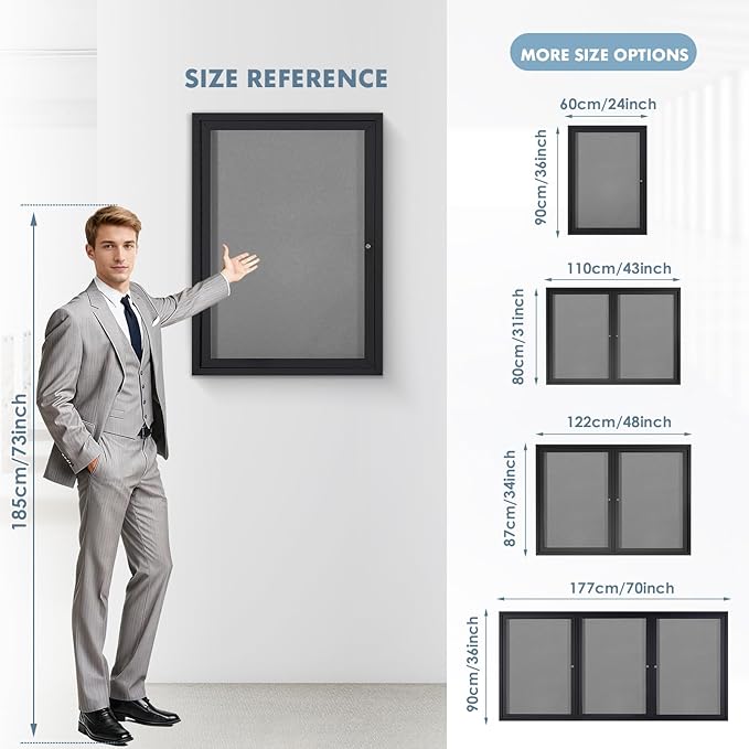 Enclosed Bulletin Board Outdoor Noticeboard with Locking Door, Weather-Resistant, Grey Felt, Black Aluminum Frame, 43 x 31 in