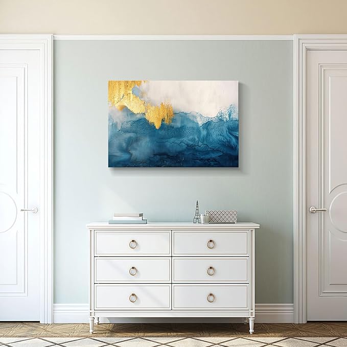 gaosoul Modern Canvas Wall Art Blue Gold Leaf Abstract Painting Prints Minimalism White and Light Blue Tranquility Poster for Living Room Bedroom Office Decor Framed 36x24in