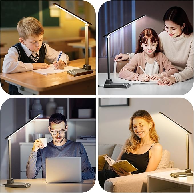 ShineTech LED Desk Lamp with USB-C Charging Port, Dimmable Desk Lamp for Home Office, Eye-Caring Reading Lamp with 25 Lighting Modes, Small Desk Light for Bedroom Nightstand with Adapter
