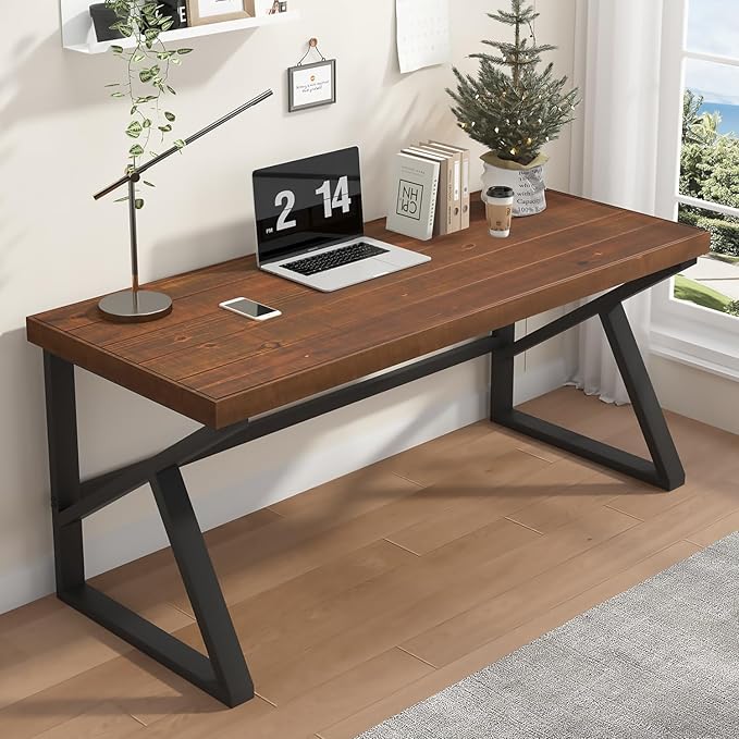 IBF Solid Real Wood 55 Inch Office Computer Desk, Rustic Writing Study Table for Student, Natural Wooden and Metal Gaming Home Office Desk, Rustic Industrial Executive Work Desk Workstation, Brown