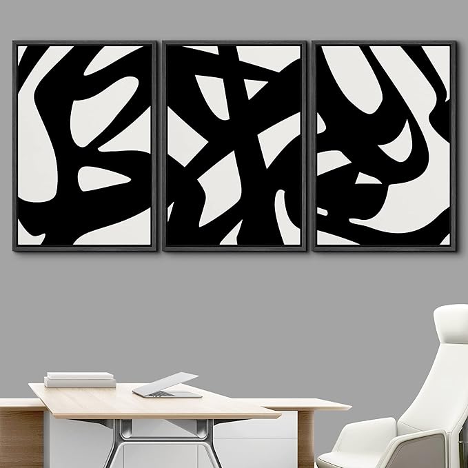 IDEA4WALL Framed Canvas Print Wall Art Set Black White Geometric Graffiti Landscape Abstract Shapes Illustrations Modern Art Decorative Contemporary for Living Room, Bedroom, Office - 24"x36"x3 Black