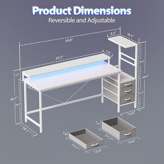 Mericonia Gaming Desk with Power Outlets & LED Lights, Reversible Computer Desk with PC Case Stand, Fabric Drawers, Modern Office Desk with Shelves, Monitor Stand