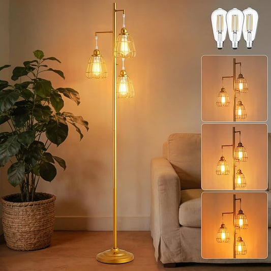 Gold Dimmable 70'' Floor Lamp for Living Room Farmhouse 3-Light Tall Lamp with Bird Caged Lampshade Bedroom Floor Tree Standing Lamp (3xLED Bulb Included) - 315603GD