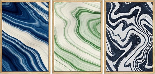 SIGNFORD Framed Wall Art Print Set Blue and Green Marble Swirl Abstract Bold Digital Art Modern Art Contemporary for Living Room, Bedroom, Office - 24"x36"x3 NATURAL