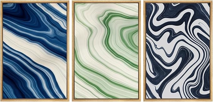 SIGNFORD Framed Wall Art Print Set Blue and Green Marble Swirl Abstract Bold Digital Art Modern Art Contemporary for Living Room, Bedroom, Office - 16"x24"x3 NATURAL