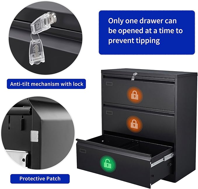 3 Drawer Black Lateral File Cabinet, Lockable Metal File Cabinet for Home Office, Office File Cabinets for Legal/Letter/A4/F4 Size with Hanging Files&Key