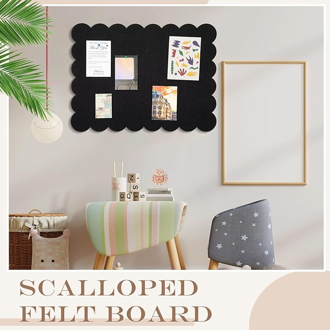 Scalloped Felt Bulletin Board 36 x 24 Inches Foldable Black Pin Cork Board Alternative for Wall, 3' x 2' Trifold Picture Vision Self Adhesive Bulletin Decorative