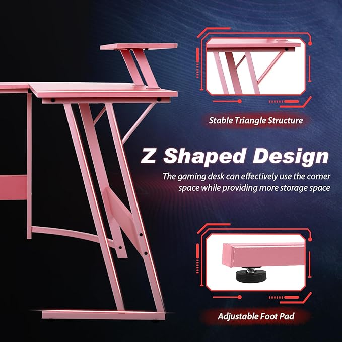 PayLessHere L Shaped Gaming Desk Corner Desk Computer Desk with Large Desktop Studying and Working and Gaming for Home and Work Place,Pink