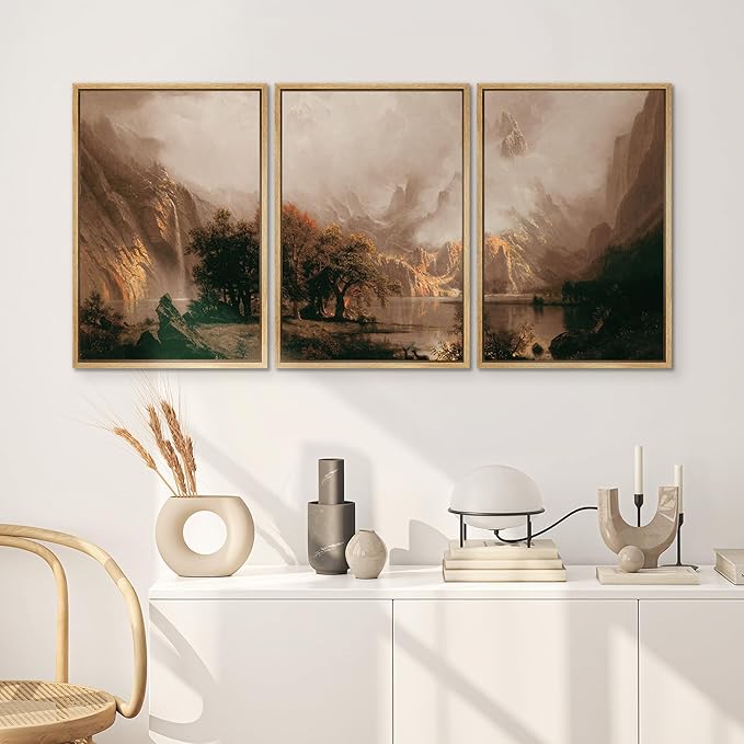 SIGNWIN Framed Canvas Print Wall Art Set Dramatic Mountain Valley Lake Landscape Illustrations Modern Art Decorative Nordic Abstract for Living Room, Bedroom, Office - 24"x36"x3 Natural