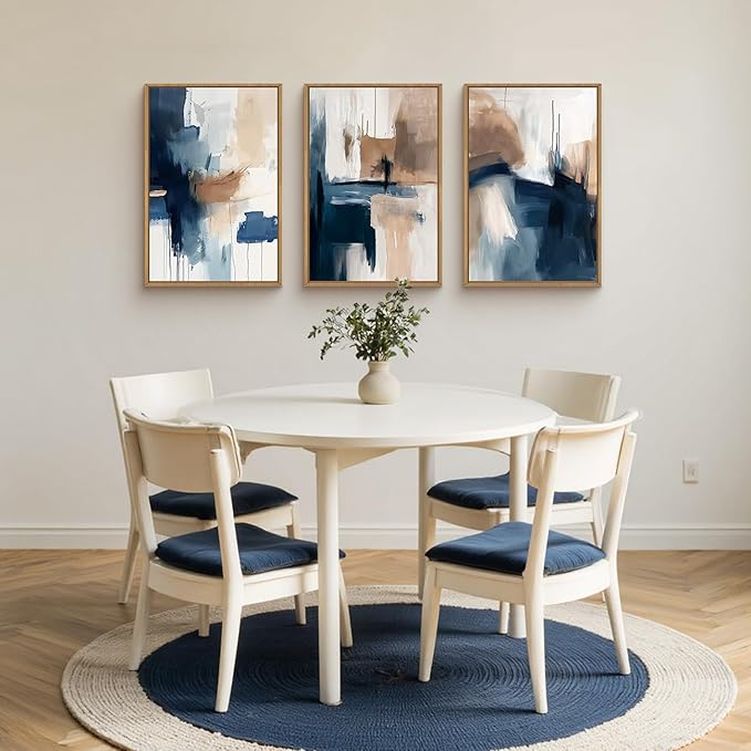 Large Abstract Brush Stroke Framed Canvas Wall Art,Modern Pastel Wall Decor,Neutral Navy Blue Art Prints, Minimalist Watercolor Brown Artwork for Living Room,Bedroom,Dining Room-16"x24"x3