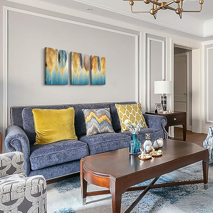 Fashion Wall Art for Living Room Family Wall Decor for Bedroom Modern Wall Decorations for Kitchen Canvas Art Golden Leaves Abstract Paintings Bathroom Hang Pictures Artwork Home Decoration 3 Pieces