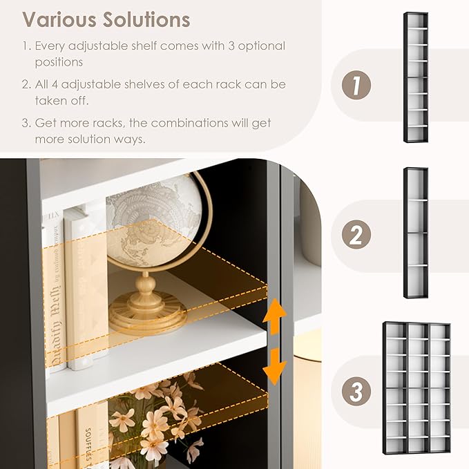 FOTOSOK 2 Pcs 71'' Tall Narrow Bookshelf, 8-Tier Media Tower Rack Set of 2, CD DVD Storage Cabinet with Adjustable Shelves, Tall Narrow Bookcase Skinny Display Bookshelf Slim Shelf, White/Black