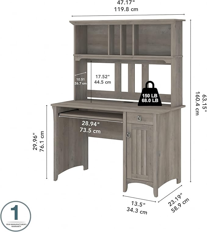 Bush Furniture Salinas Computer Desk with Hutch | Study Table with Drawers, Cabinets & Pullout Keyboard/Laptop Tray | Modern Home Office Desk in Driftwood Gray | Work Desk with Storage