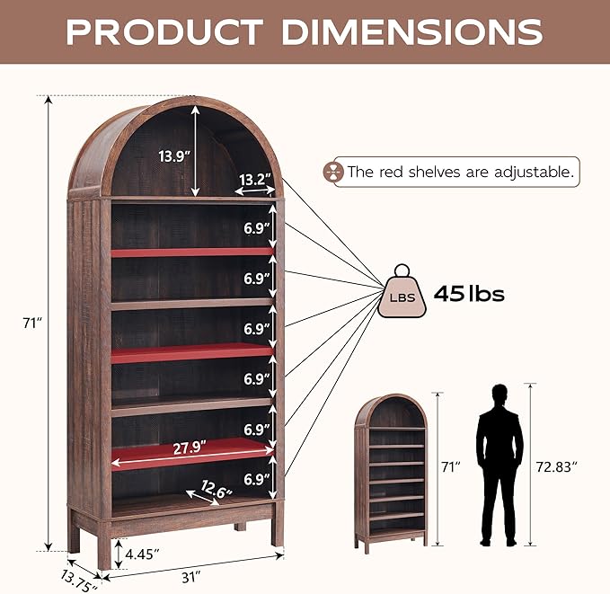 71" Tall Arched Bookshelf, 7 Tiers Arch Bookcase with Storage, Modern Farmhouse Book Shelf with Adjustable Shelves, Wood Bookshelf w/Open Display Shelves for Living Room, Office (Brown)