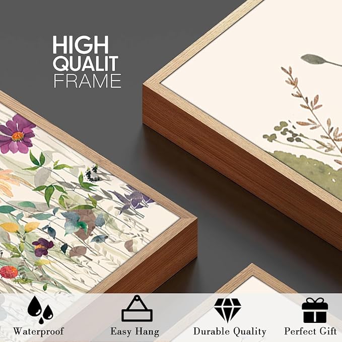 BINCUE Wildflower Wall Art Large Floral Wall Painting Neutral Print Pictures Decor Flower Artwork 36x24 Inches Framed Wildflowers Paintings Flower Wall Decor for Living Room Bedroom Bathroom Farmhouse Set of 3