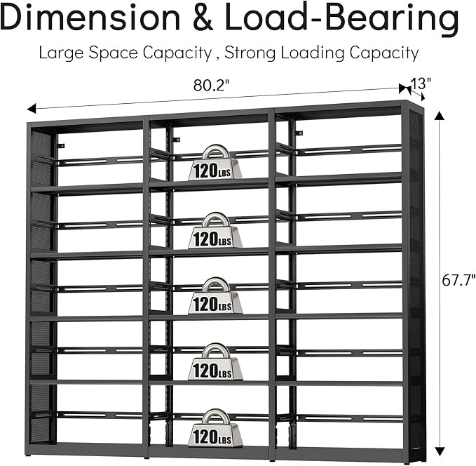 5 Tire Bookshelf, 80 Inch Wide Library Bookcase, Heavy Duty Bookcases with Storage, Large Tall Book Cases, Metal Book Shelves for Office, School, College, Commerce, Study Room, Black-Assemble Required