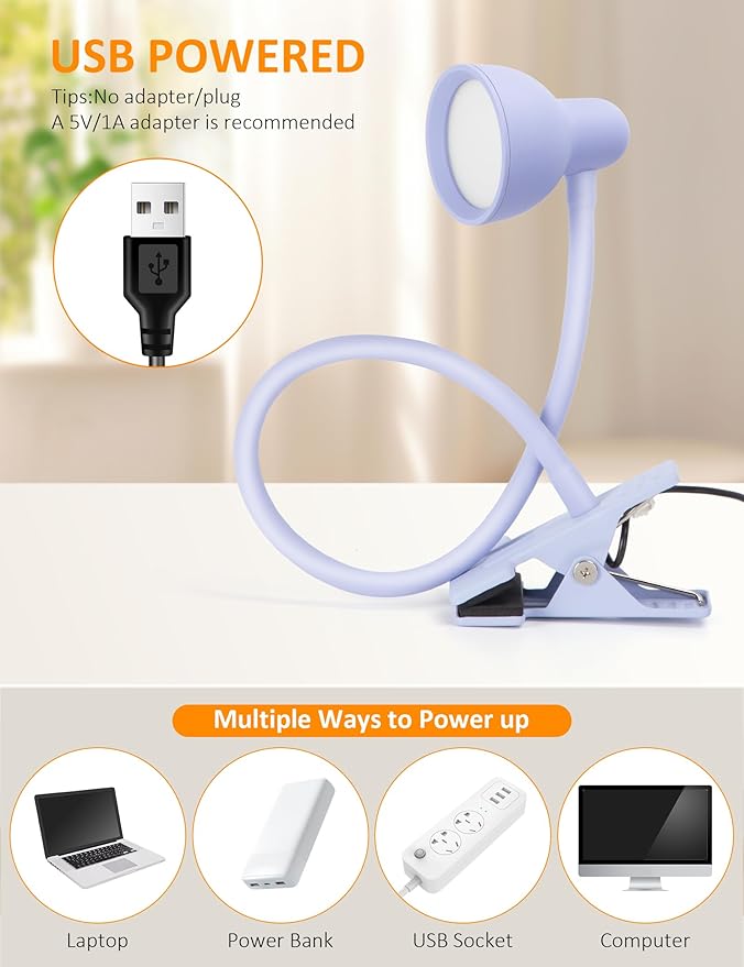Clip on Lamp USB Reading Light, 3 Color Modes, 10 Brightness Dimmable, Flexible Gooseneck Desk Lamp with Clamp, Eye Care Clip on Light for Bed Headboard Desk Home Dorm