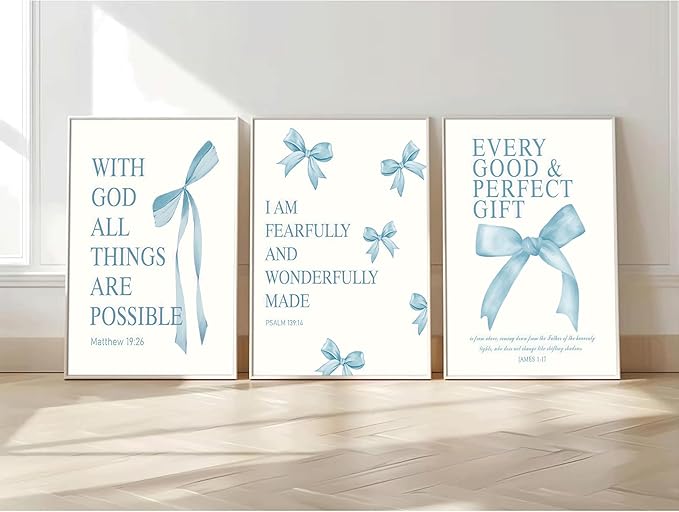 3 Pcs Blue Bow Wall Art Inspirational BiblePreppy Painting Pictures Wall Decor Blue Bow Bible Posters Prints Artwork Aesthetic for Girls Room College Apartment Living Room Bedroom Unframed