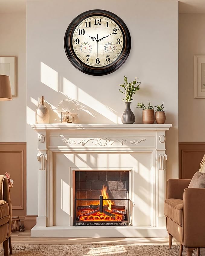 Vintage Wall Clock 16 Inch Quartz Silent Non-Ticking Analog Clock with Thermometer and Hygrometer, Battery Operated Rustic Round Decorative Clock for Living Room Home Office Classroom