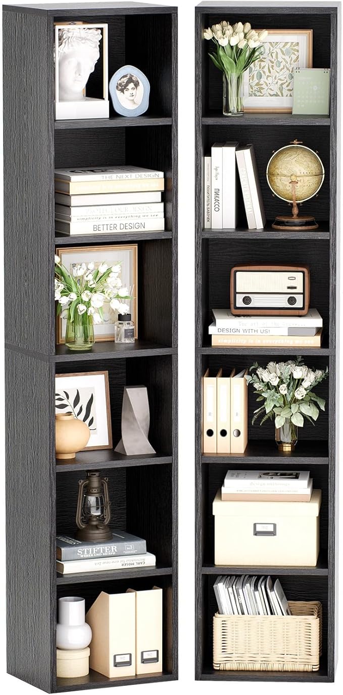 Narrow Bookshelf & Bookcase Set of 2, 6-Tier Floor Standing Open Book Shelf, Modern Corner Bookshelf with Storage Space, 71.5" Tall Bookshelves for Bedroom, Living Room and Office, Black