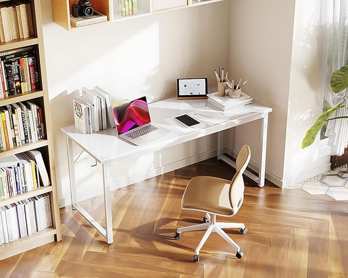Casaottima 54 Inch Computer Desk for Home Office, Study Writing Table for Small Spaces, Simple Modern Desk with Headphone Hooks, White
