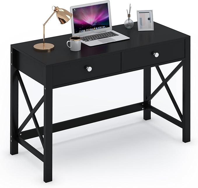WiberWi Home Office Desk with Drawers, Black Modern Writing Computer Desk, Small Makeup Vanity Table for Bedroom, Study Table for Home Office