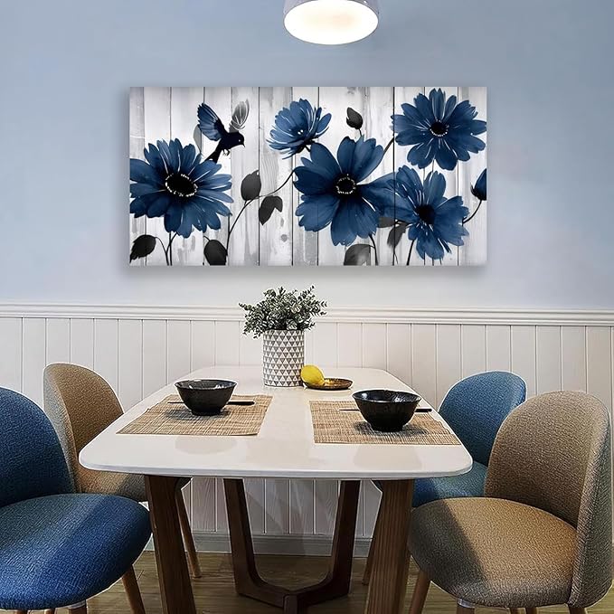 Wall Art Blue Floral Canvas Wall Art Modern Daisy Print with Bird Living Room Decor Gray Wooden Board Background Framed Office Home Decor Size 24 x 48 in